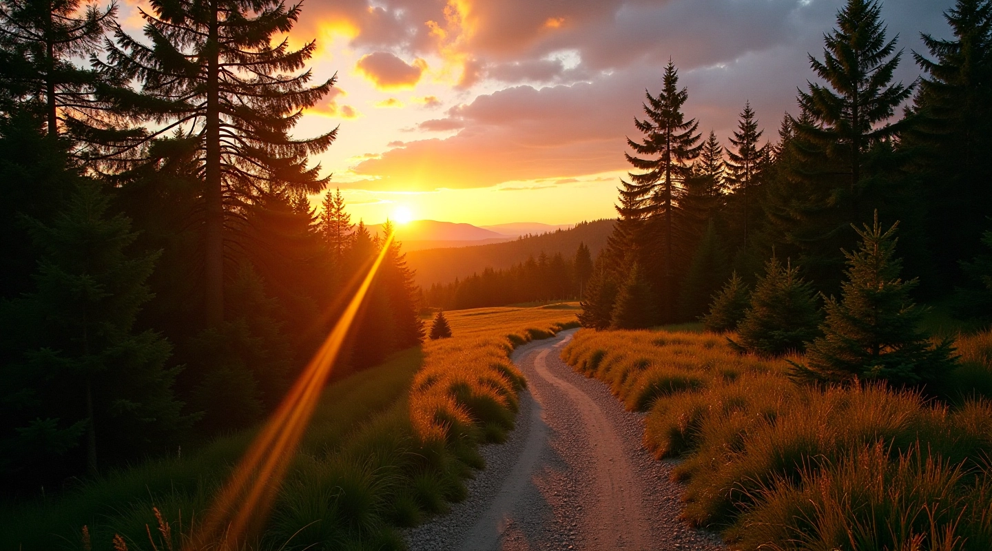 Nuostabi miško takų panorama su pušimis ir kadagiais, saulėlydis, gamtos grožis