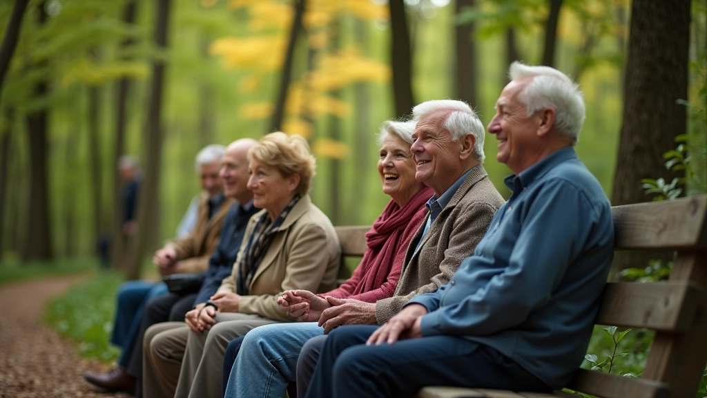 Grupė seniorų sėdi ant medinio suoliuko miško takų pusėje, linksmumas ir šypsenos